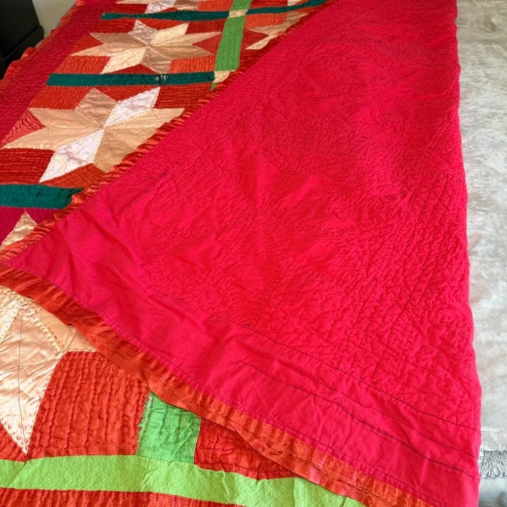 VTG Handmade Satin Patchwork Quilt Red Geometric Star 83x68 for REPAIR/REPURPOSE